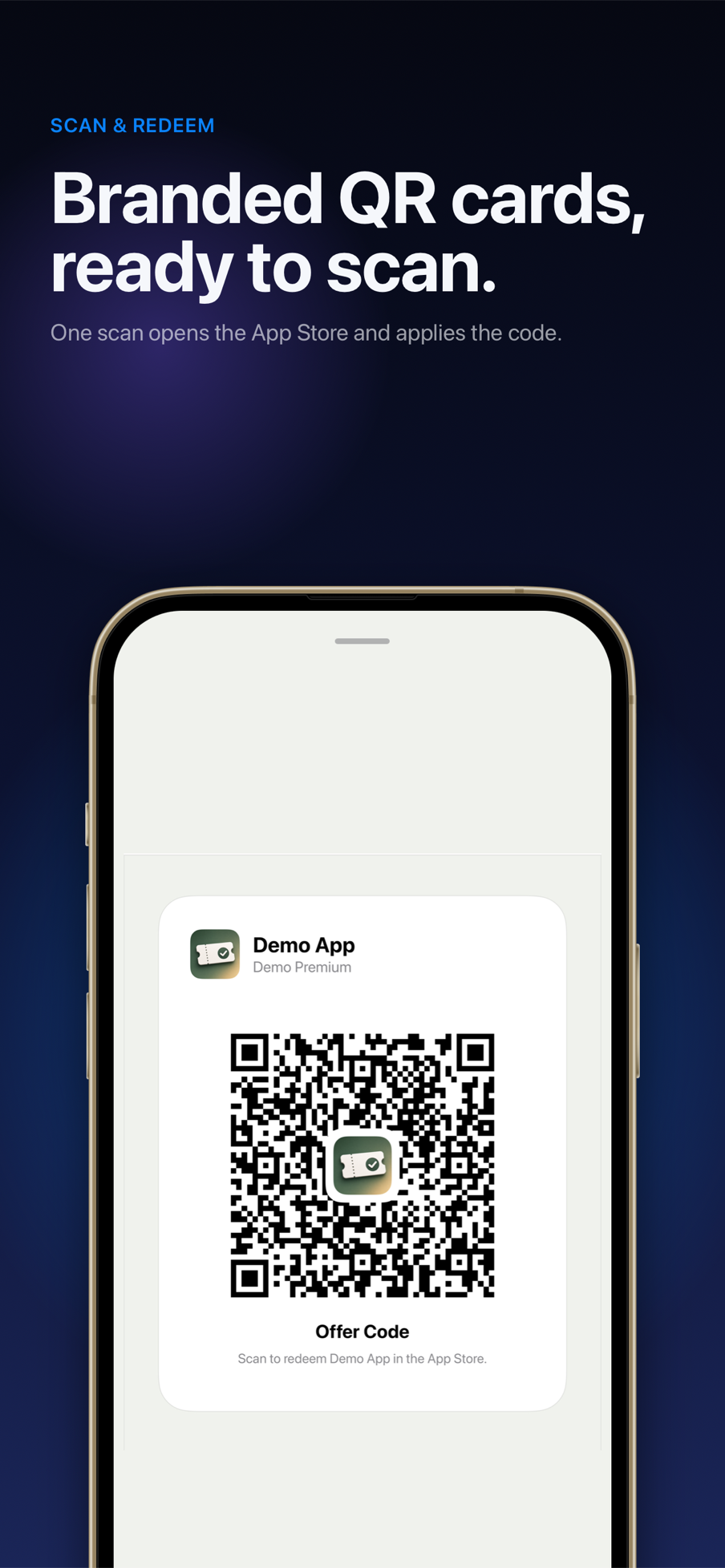 PromoKit branded QR card for a demo App Store offer code