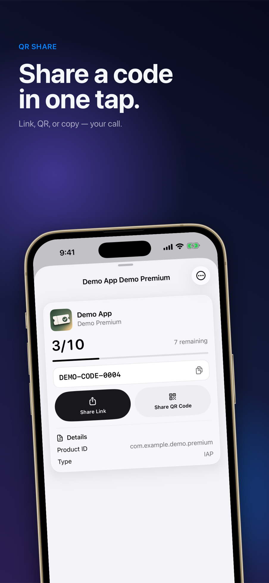 PromoKit offer detail showing a demo code with share, copy, and QR actions